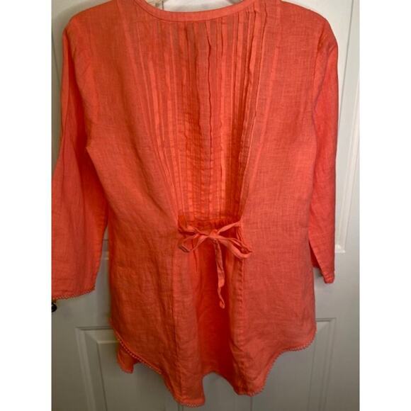 Calypso Linen 3/4 Sleeve Scooped Neckline Pleated Front Blouse Coral Size Small - Picture 5 of 9